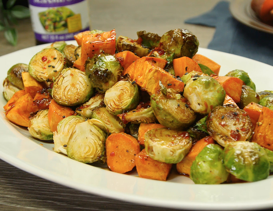 Roasted Brussels Sprouts and Sweet Potatoes with SesameHoney Glaze USA