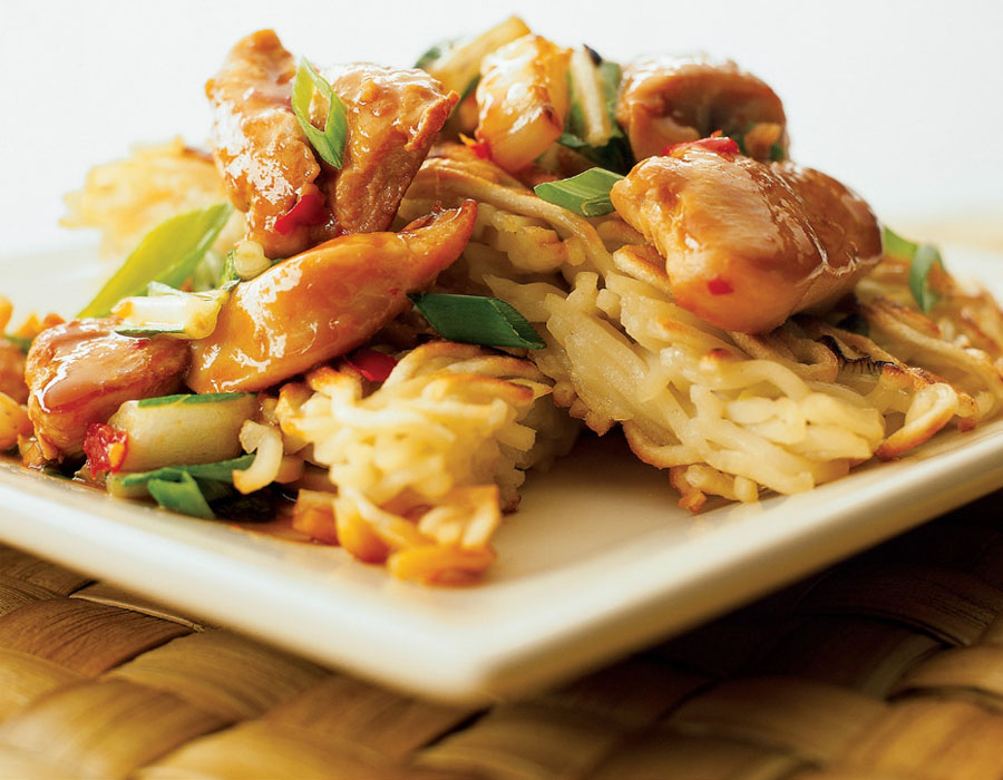 Spicy Stir-Fried Chicken and Bok Choy with Crispy Noodle Cake | Recipes
